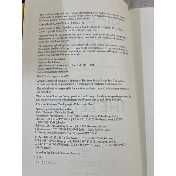 Nicholas Sparks "The Return" Hardcover Book Dust Jacket 1st Edition NEW - Picture 3 of 3